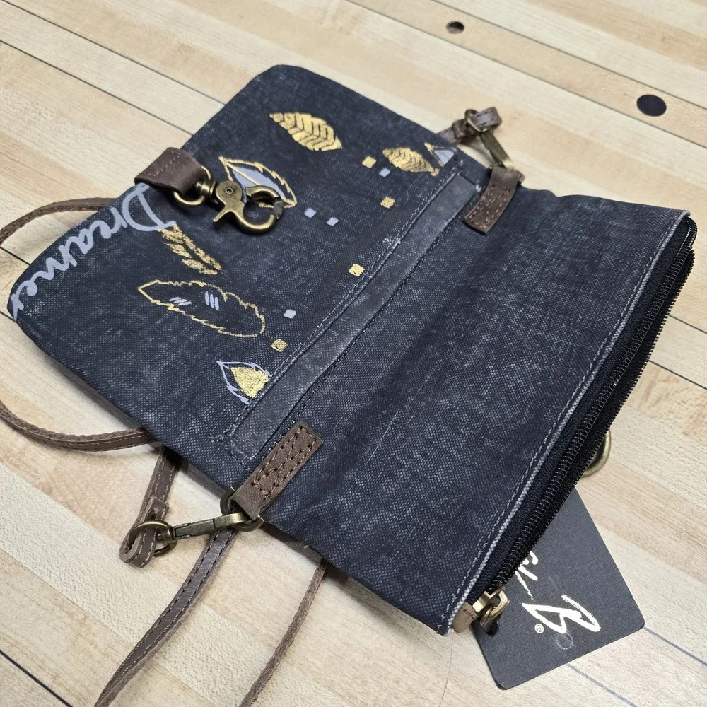 Mona B. Gold Feathers Tribal Dreams Rustic Canvas Crossbody‎ Foldover Purse Bag